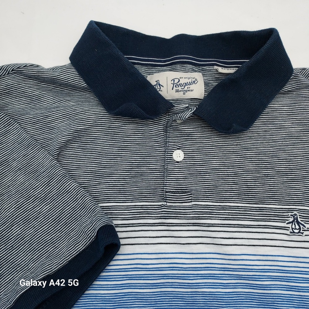 Original Penguin Mens XL Polo Shirt Navy Blue White Micro Stripe Cotton